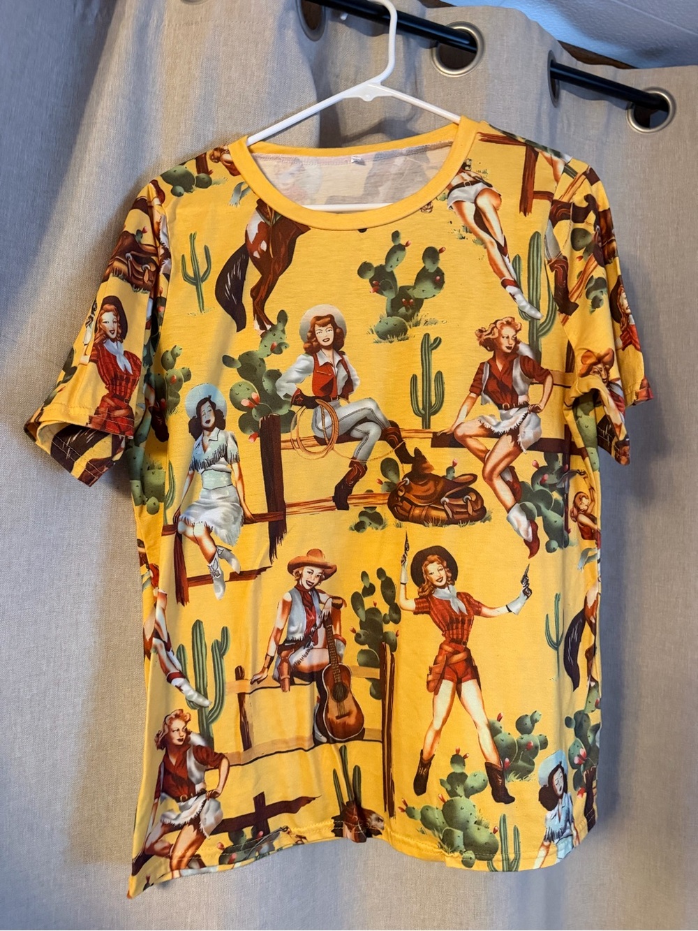 Women's Yellow Short Sleeve Graphic Tee - Western Cowgirl Print